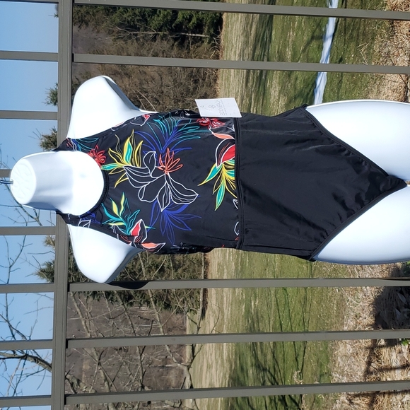 NEW Eco Beach Black Floral High Neck One Piece Swimsuit Size M - Picture 1 of 14